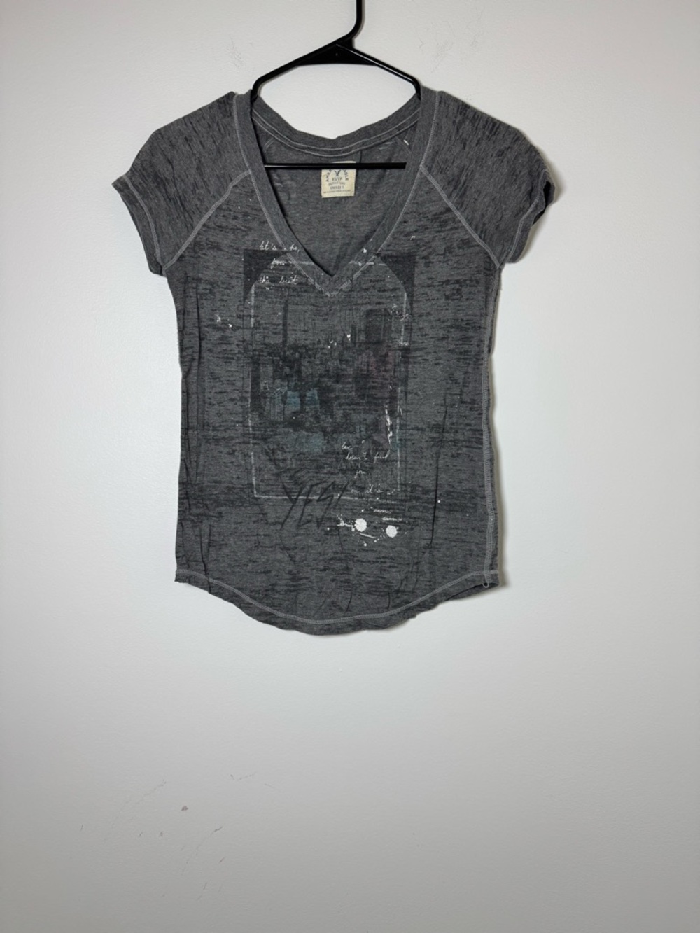 American Eagle Burnout V Neck Tee XS Gray Vintage Graphic Shirt